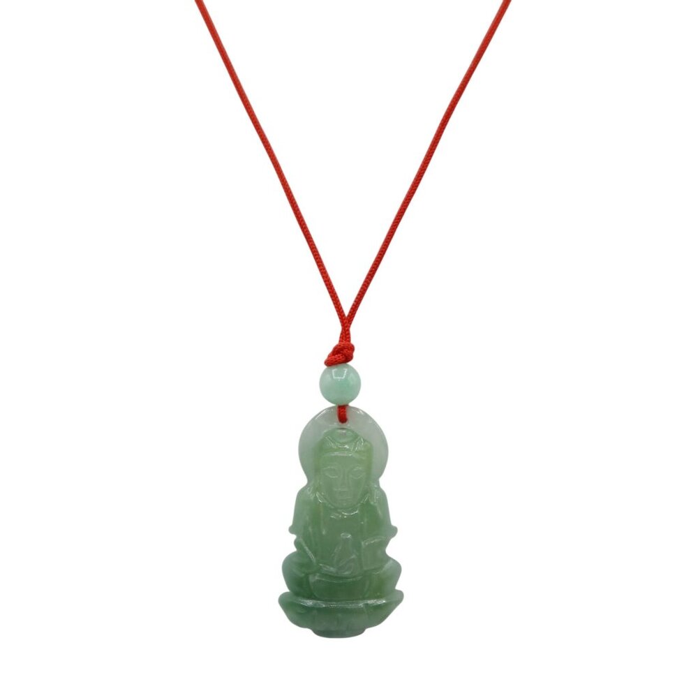 Jade Guanyin Bodhisattva Pendant Necklace On Red Cord Jadeite Green Carved